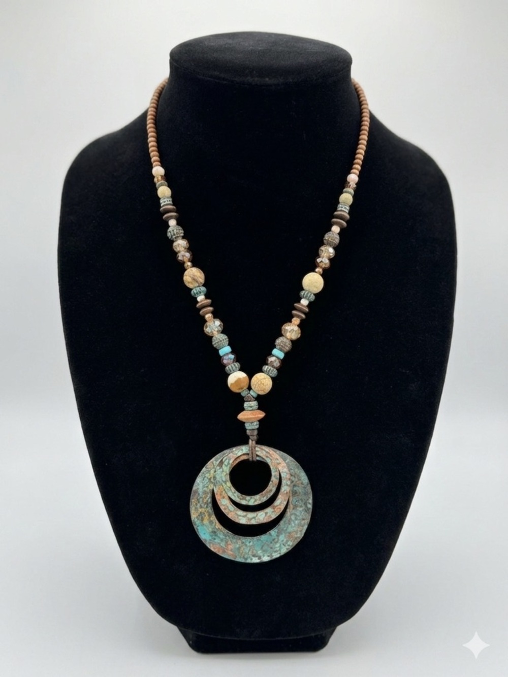 Bohemian Verdigris Patina Multi-Ring Pendant Necklace – Mixed Media